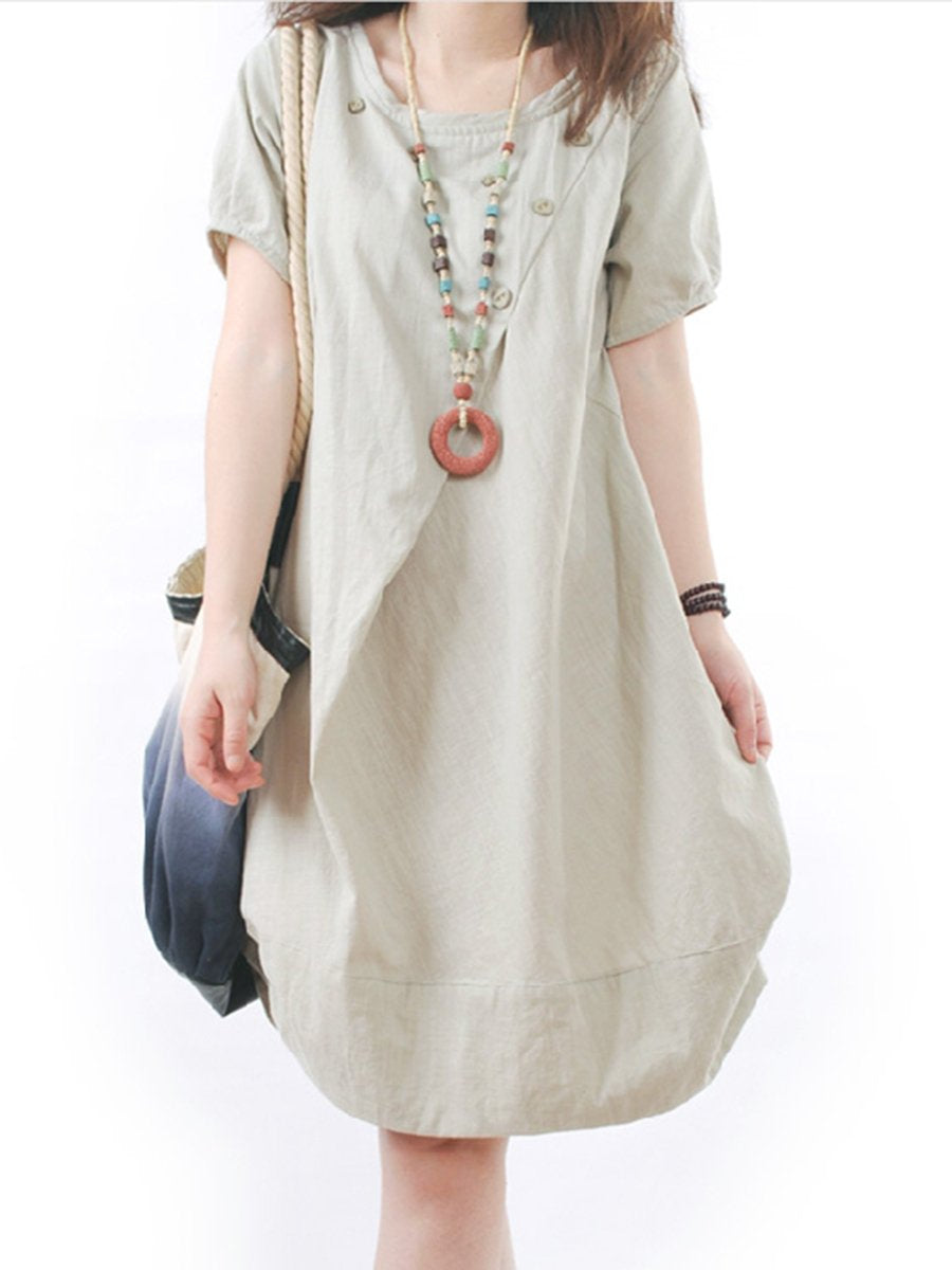 Solid Round Neck Pocket Sack Shift Dress