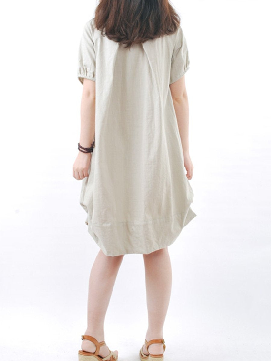 Solid Round Neck Pocket Sack Shift Dress