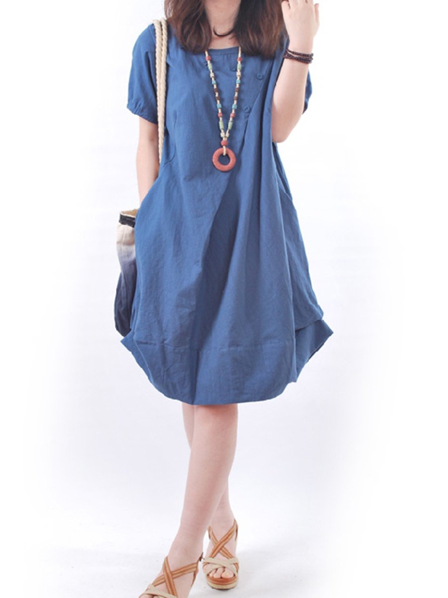 Solid Round Neck Pocket Sack Shift Dress