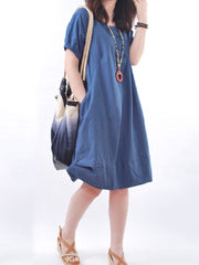 Solid Round Neck Pocket Sack Shift Dress