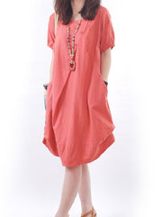 Solid Round Neck Pocket Sack Shift Dress