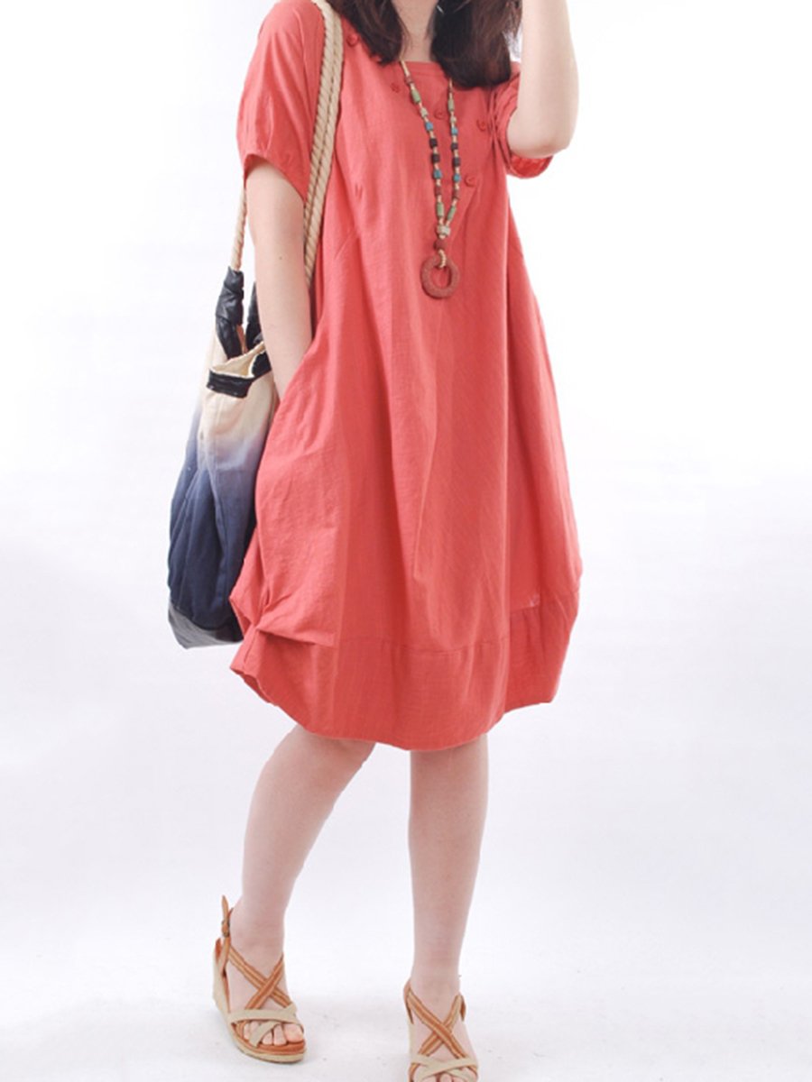 Solid Round Neck Pocket Sack Shift Dress