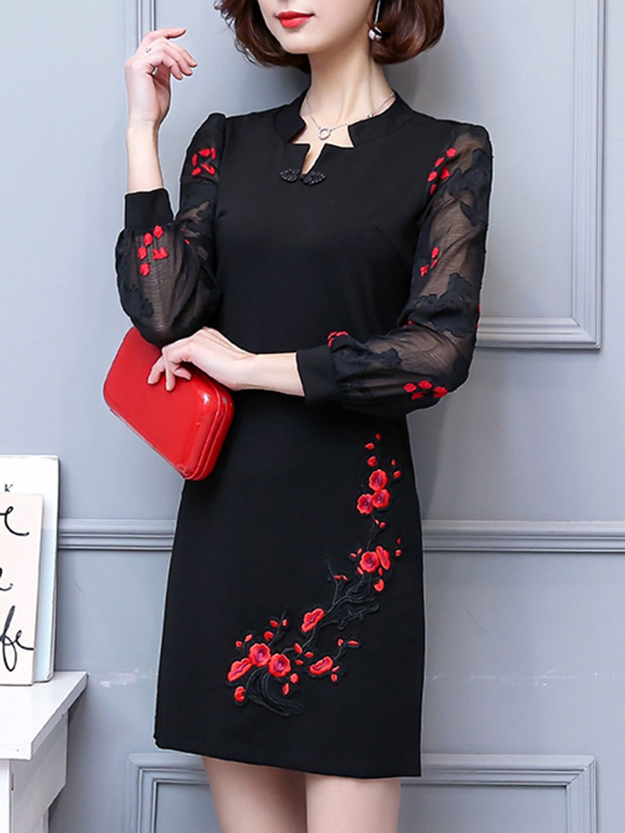 Split Neck Hollow Out Embroidery Shift Dress