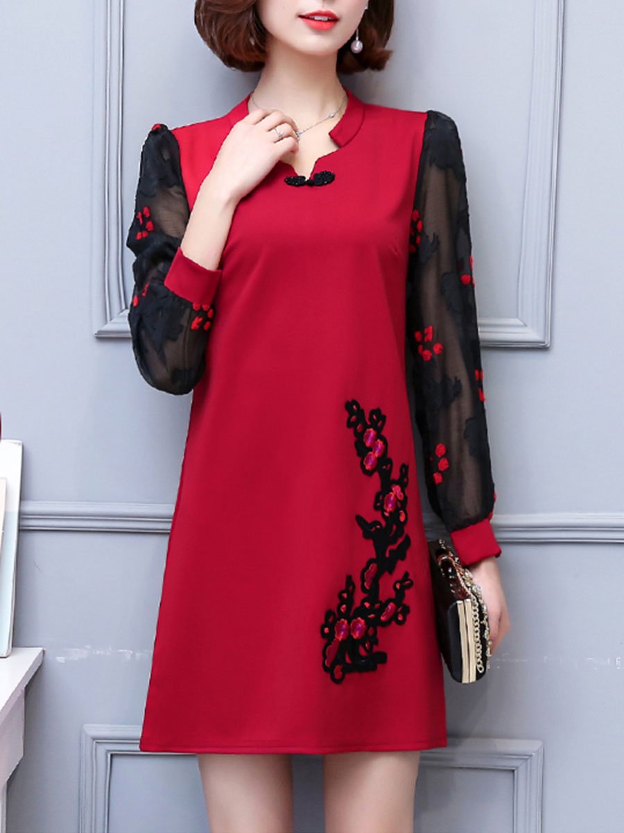 Split Neck Hollow Out Embroidery Shift Dress