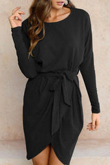 Round Neck  Asymmetric Hem  Belt  Plain Casual Dresses