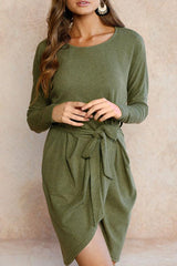Round Neck  Asymmetric Hem  Belt  Plain Casual Dresses