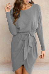 Round Neck  Asymmetric Hem  Belt  Plain Casual Dresses