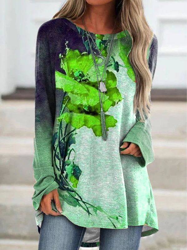 Autumn Round neck floral printed long sleeve long T-shirts