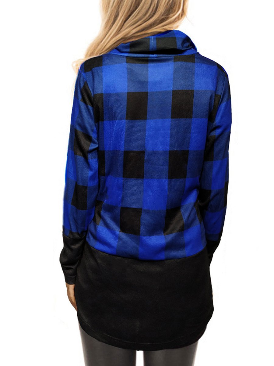 Woman Thin Grid Long Sleeve High Collar Sweatshirts