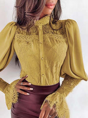 Round neck women lace sexy long sleeve blouses
