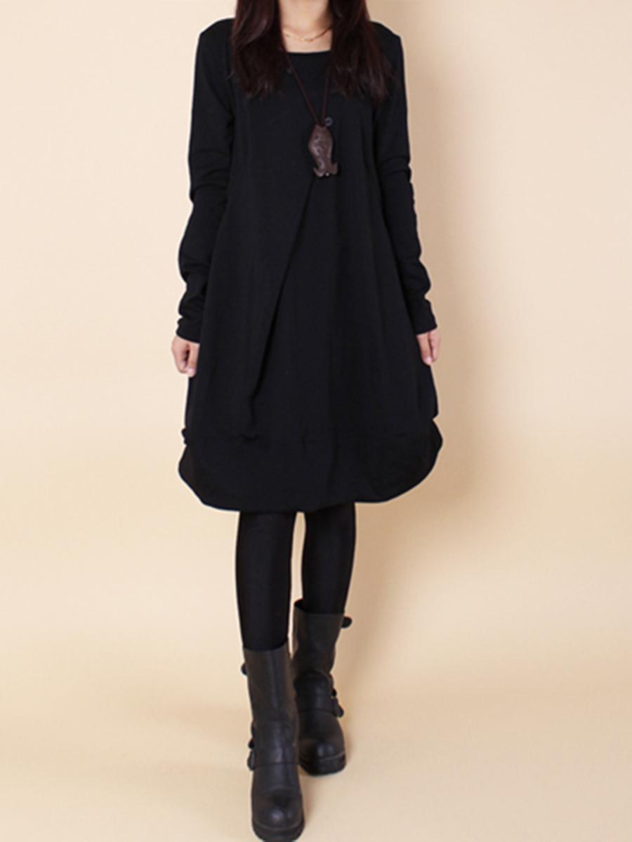 Casual Round Neck Solid Pocket Shift Dress
