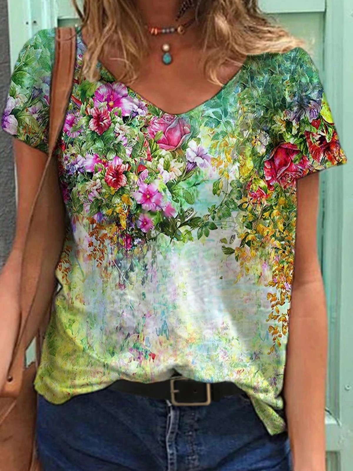 Colorful Flower Painting Short Sleeve Shirts & Tops