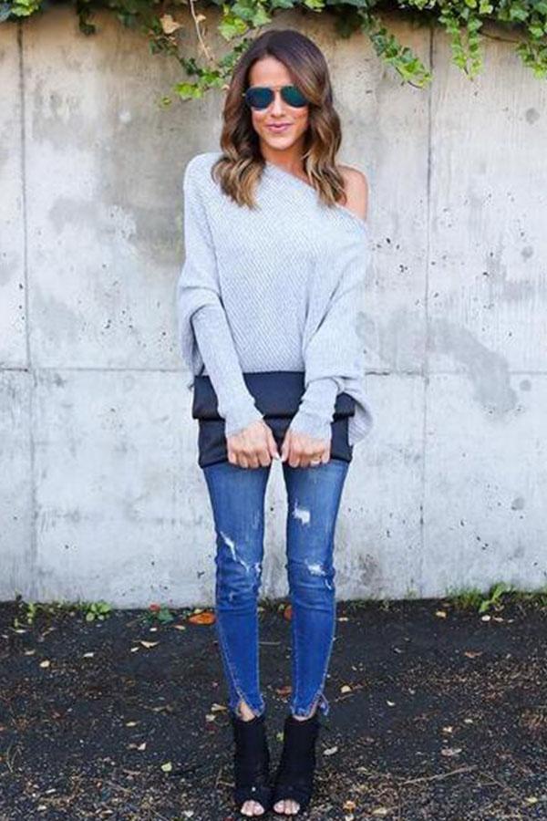 Open Shoulder Plain Batwing Sleeve Sweaters