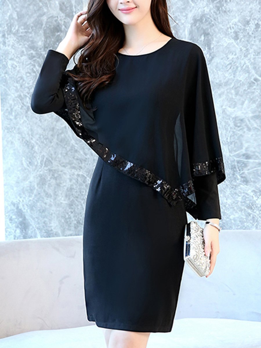 Cape Sleeve Sequin Plain Bodycon Dress