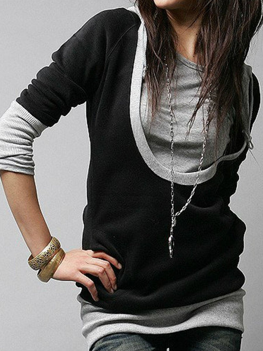 Round Neck  Patchwork  Plain Hoodies