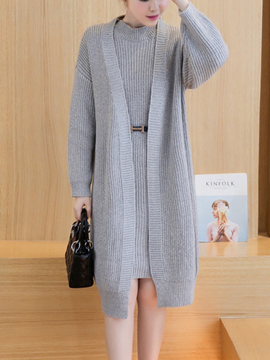 Band Collar Plain Knitted Two-Piece Bodycon Dress