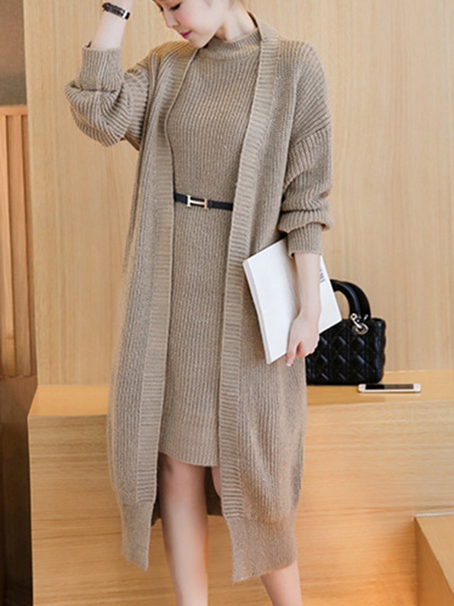 Band Collar Plain Knitted Two-Piece Bodycon Dress