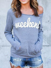 Open Shoulder  Kangaroo Pocket  Letters Sweatshirts