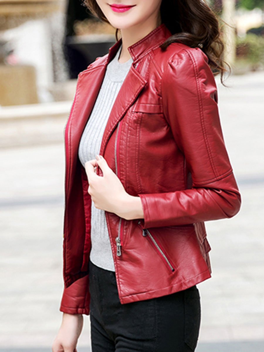 Band Collar  Zips  Plain PU Leather Biker Jacket