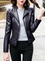 Band Collar  Zips  Plain PU Leather Biker Jacket