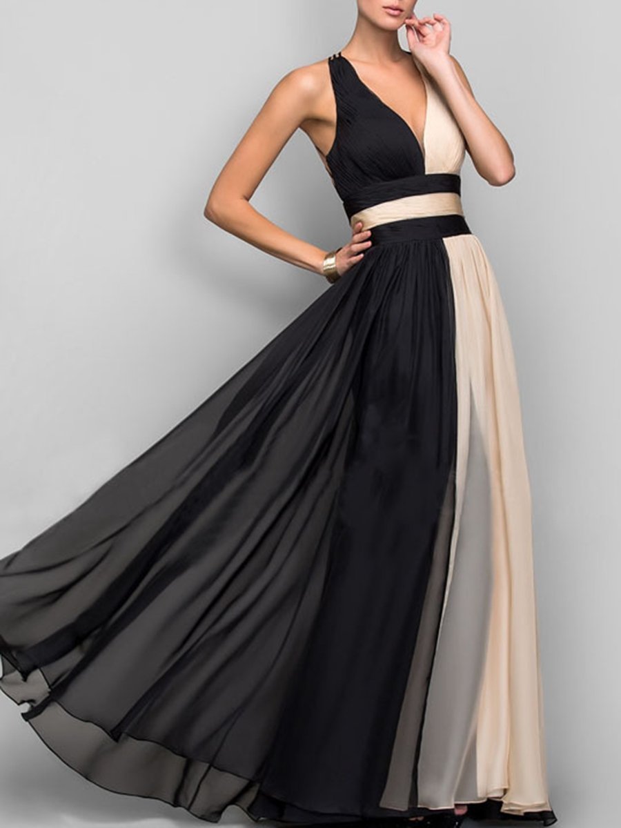 Deep V-Neck  Color Block  Chiffon Evening Dress