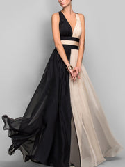 Deep V-Neck  Color Block  Chiffon Evening Dress