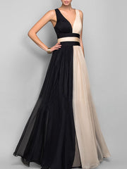 Deep V-Neck  Color Block  Chiffon Evening Dress