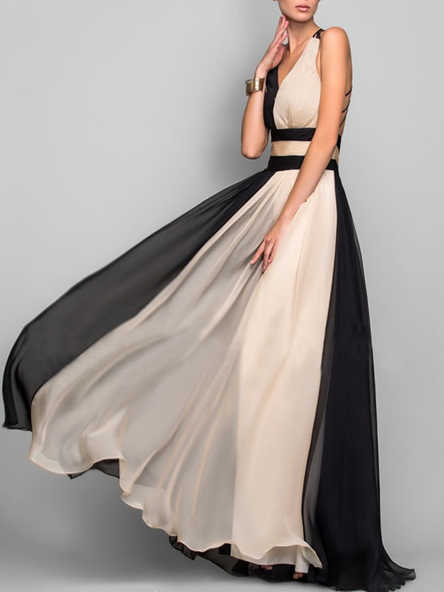 Deep V-Neck  Color Block  Chiffon Evening Dress