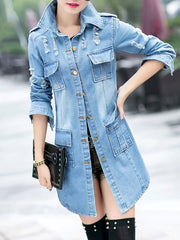 Distressed Flap Pocket Denim Light Wash Trench Coat