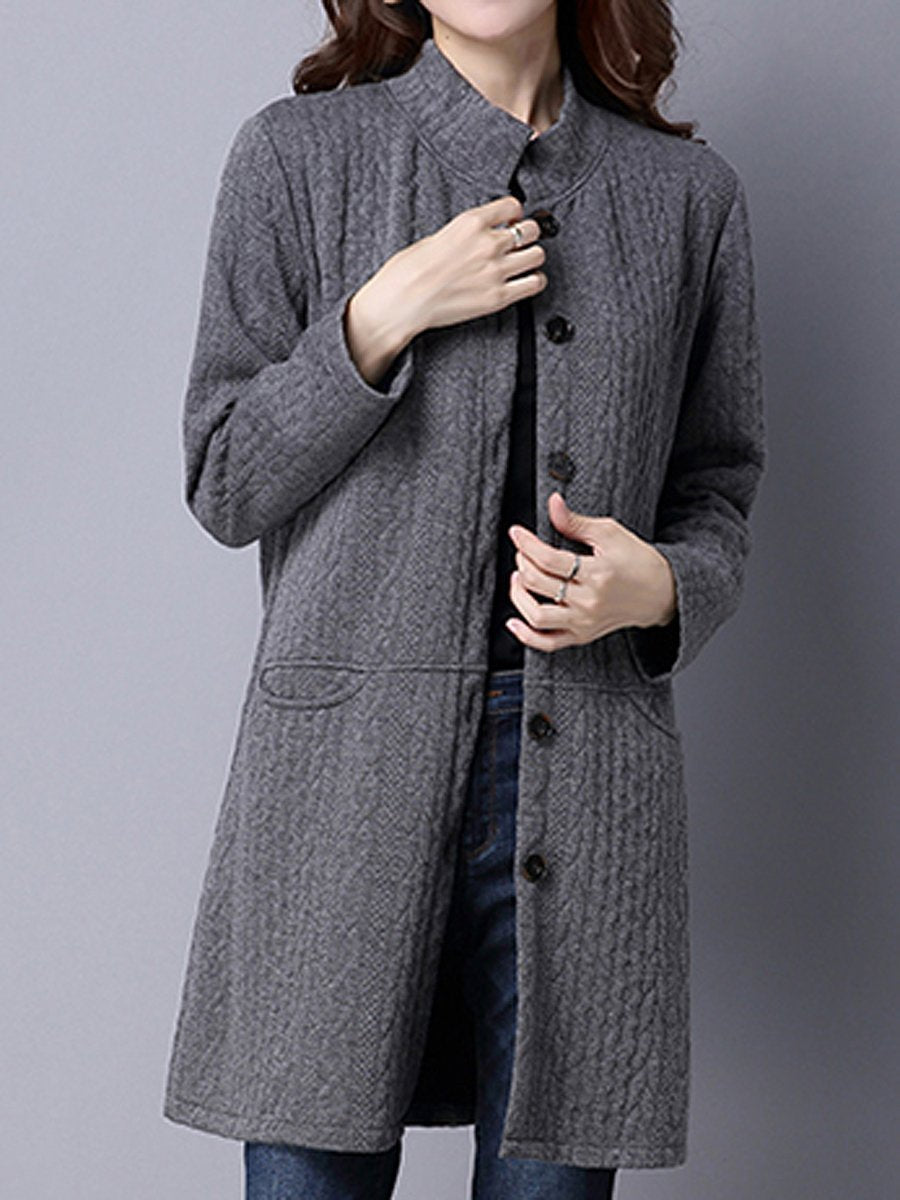 Band Collar Single Breasted Pocket Embossed Plain Coat