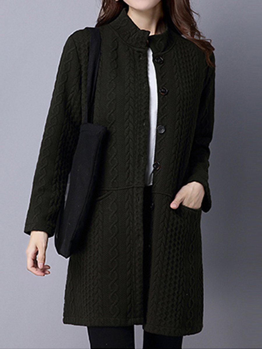 Band Collar Single Breasted Pocket Embossed Plain Coat