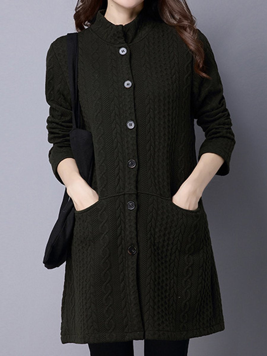 Band Collar Single Breasted Pocket Embossed Plain Coat