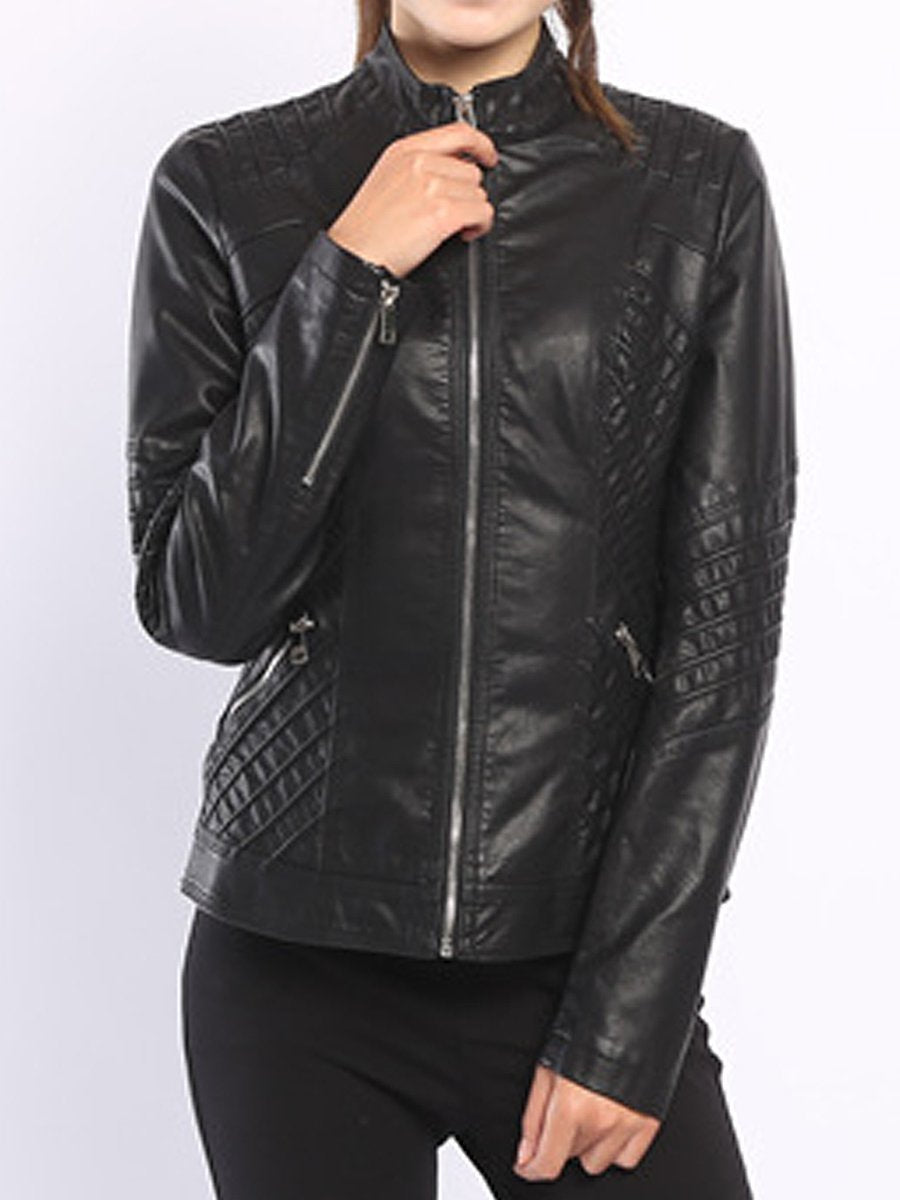 Band Collar  Plain PU Leather Jacket