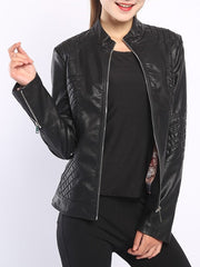 Band Collar  Plain PU Leather Jacket