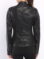 Band Collar  Plain PU Leather Jacket