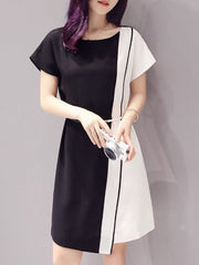 Round Neck  Asymmetric Hem  Patchwork Belt  Plain Casual Dresses