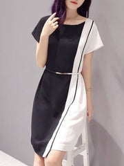 Round Neck  Asymmetric Hem  Patchwork Belt  Plain Casual Dresses