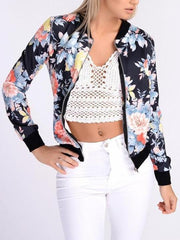 Women's Band Collar Floral Printed Bomber Zipper Jacket Outwear