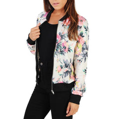 Women's Band Collar Floral Printed Bomber Zipper Jacket Outwear