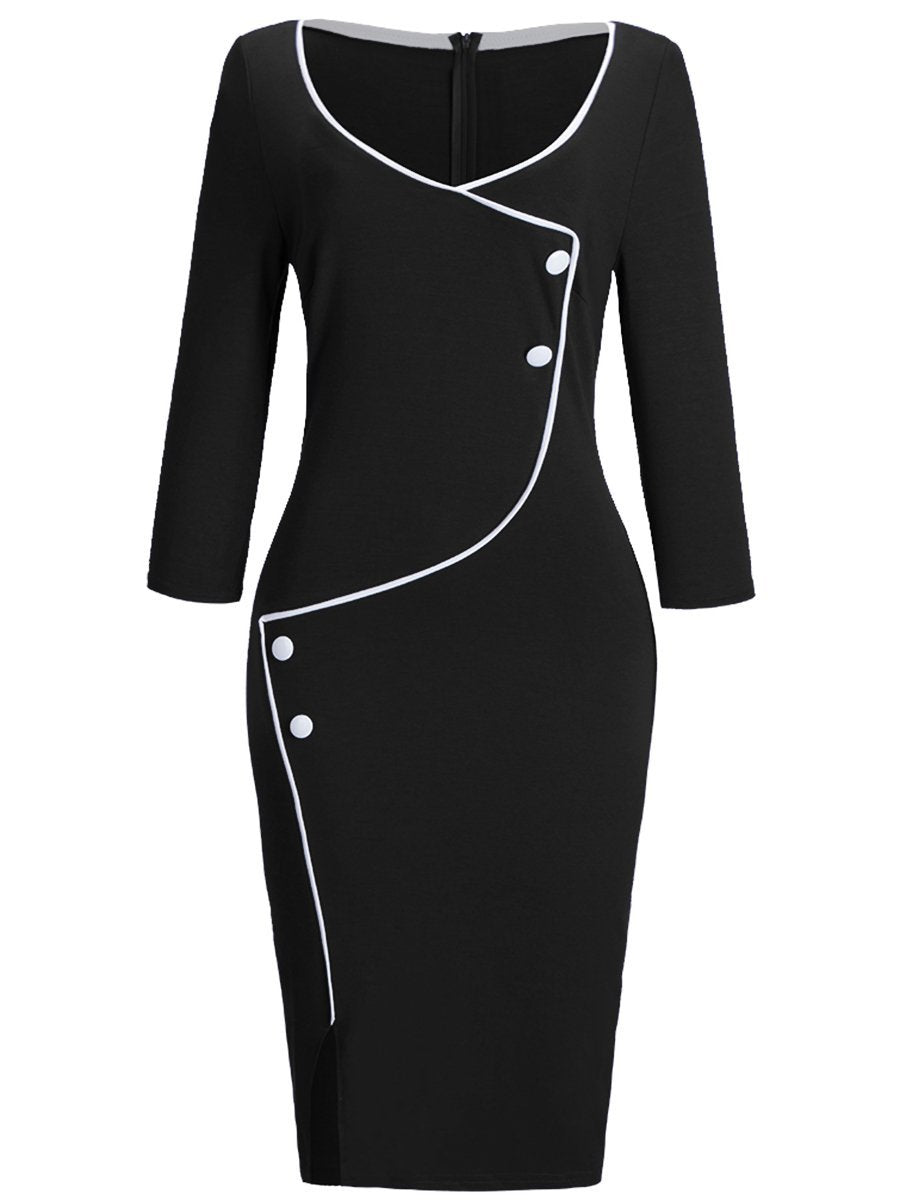 V-Neck Contrast Piping Slit Bodycon Dress