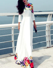 Printed Floor Length White Evening Dress