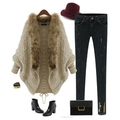 Women's Fur Collar Sweaters Knit Cardigan Outerwear