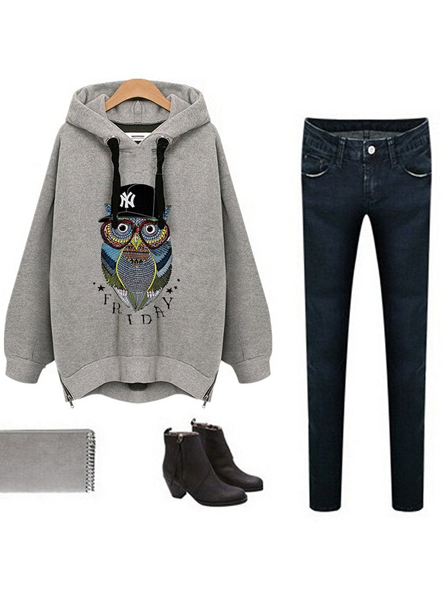 Oversized Owl Printed Zips Hoodie