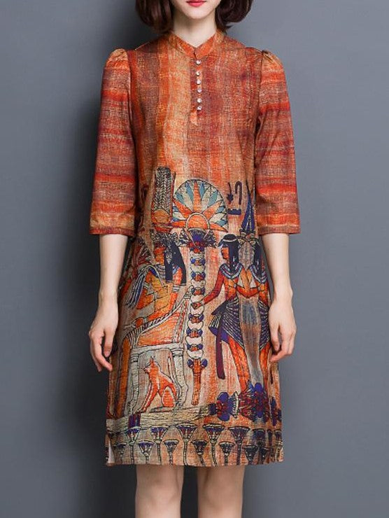 Silk Vintage Printed 3/4 Sleeve Slim Shift Dress