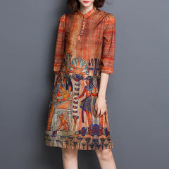 Silk Vintage Printed 3/4 Sleeve Slim Shift Dress