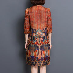 Silk Vintage Printed 3/4 Sleeve Slim Shift Dress