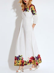 Round Neck  Printed  Polyester Maxi Dress