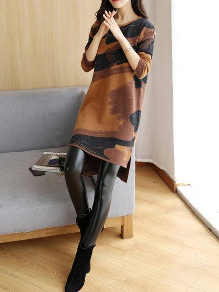 Abstract Knitted Crew Neck Long Sleeve Dress