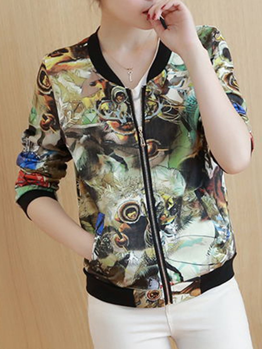 Band Collar Pocket Printed Bomber Jacket