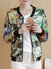 Band Collar Pocket Printed Bomber Jacket